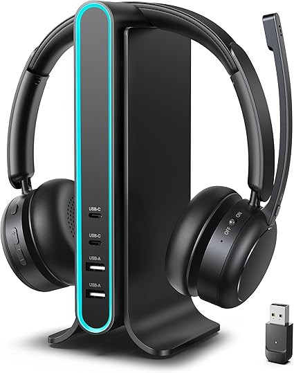 Bluetooth Headset, Wireless Headset with Mic for Work, Qualcomm Dongle, 5.4 Headsets with Microphone for Work, Wireless Noise Cancelling Headphones (Black)